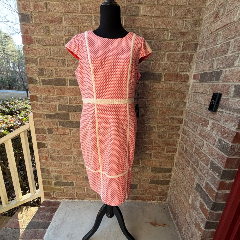 NWT Adrianna Papell Contrast Piping Sheath Dress Coral Print Size 10‎